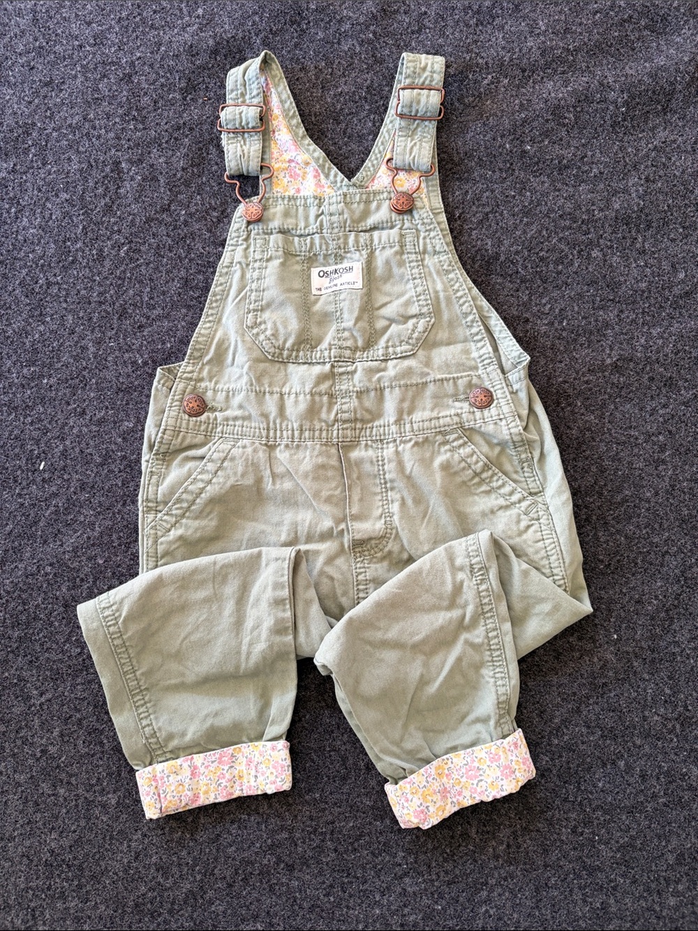 OshKosh B'gosh Olive Floral-Cuff Kids Overalls